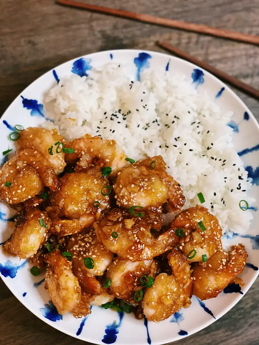 Honey garlic shrimp glazed and plated