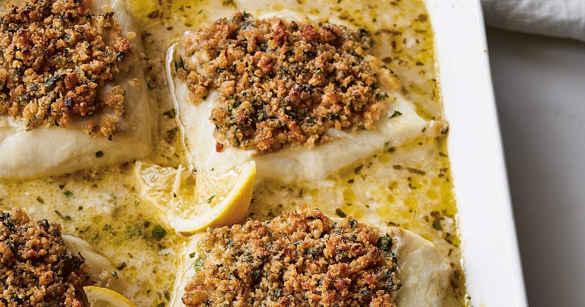 Baked cod with garlic herb crumb topping