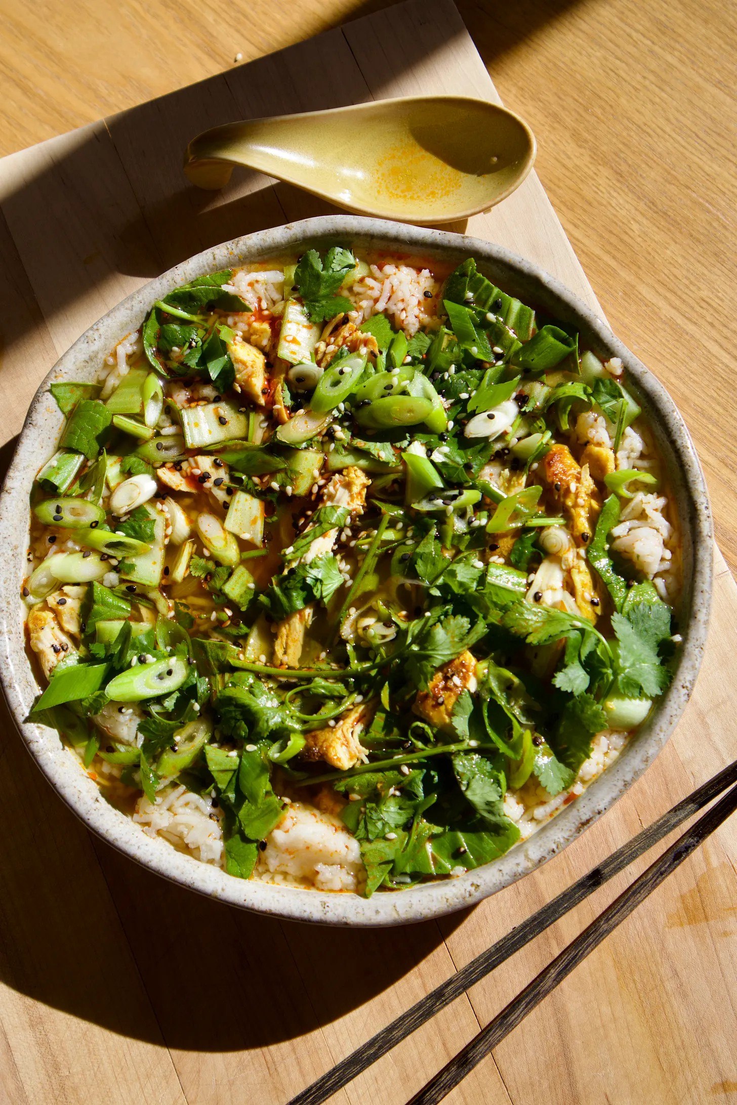 Brothy rice bowl with chicken, bok choy, spring onions, and coriander