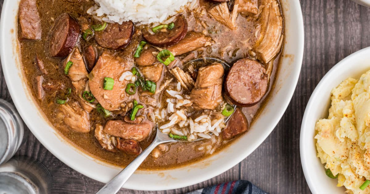 Chicken and sausage gumbo served in a bowl