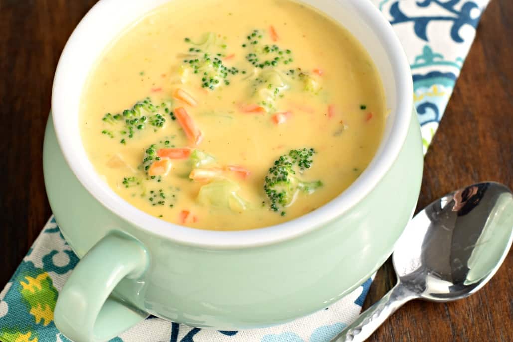 Creamy broccoli cheddar soup in a bowl