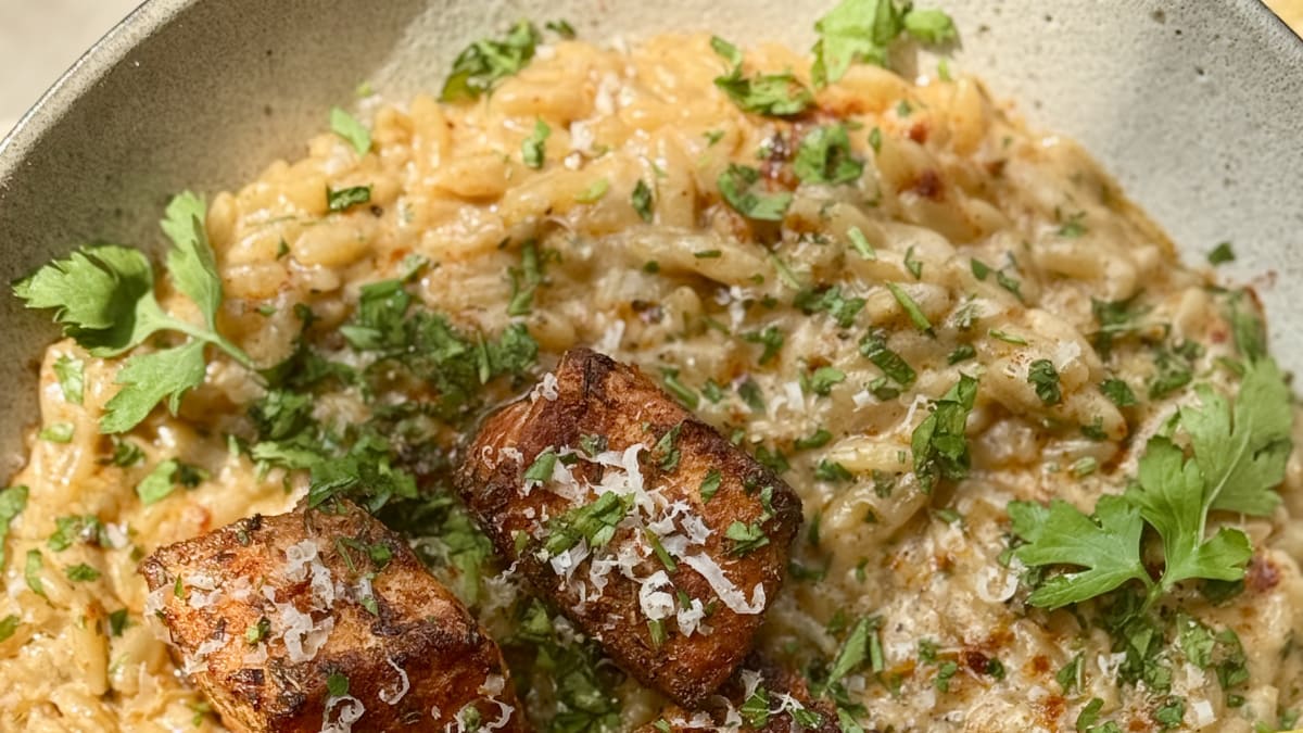 Creamy lemony salmon orzo in a bowl with browned salmon on top