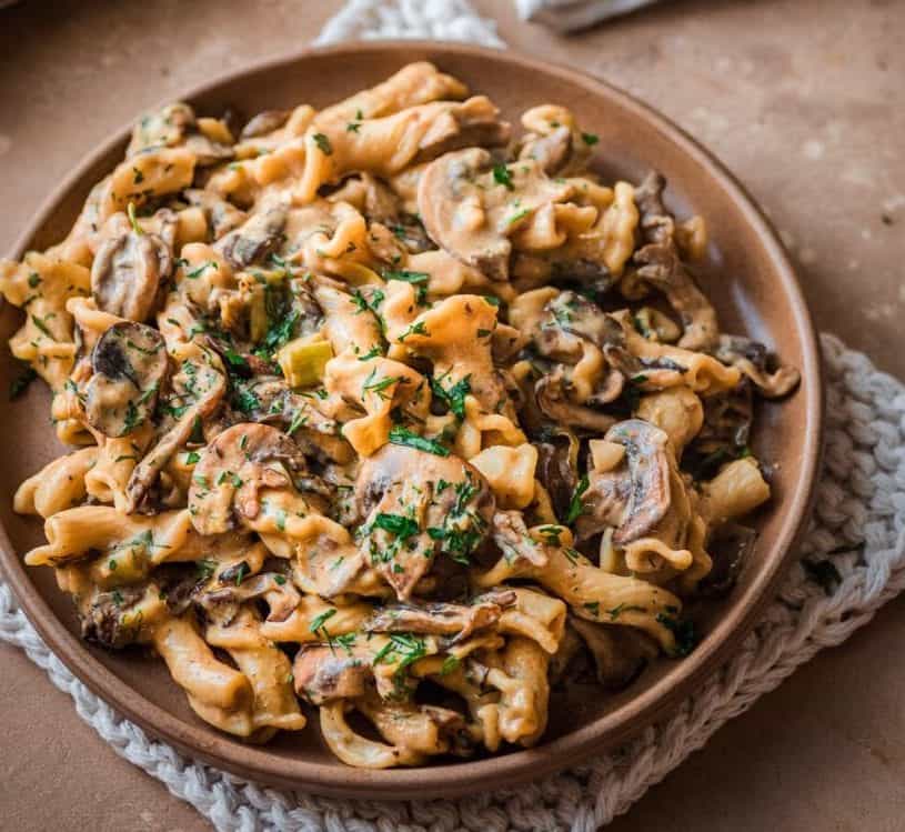 Creamy vegan mushroom stroganoff pasta bowl