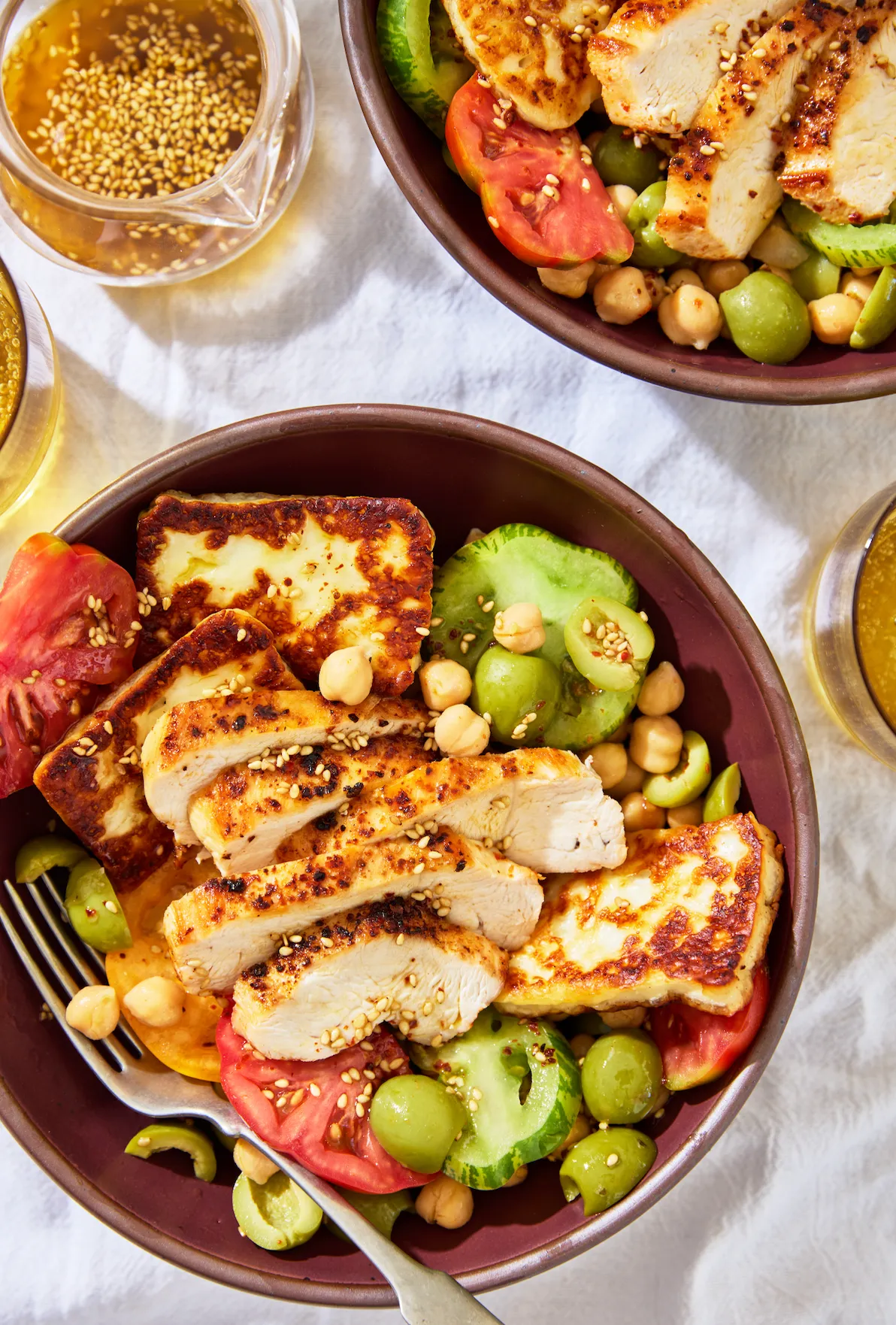 Crispy chicken sesame halloumi bowl