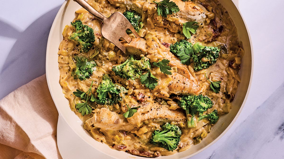 Creamy honeymoon chicken with orzo and broccoli