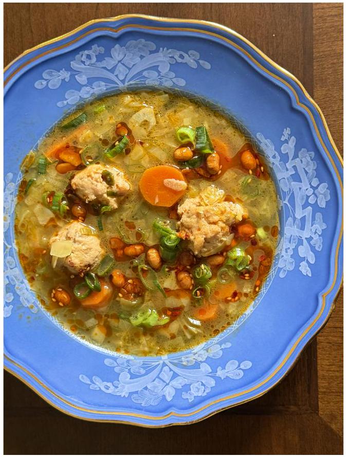 Brothy detox soup with chicken meatballs and vegetables