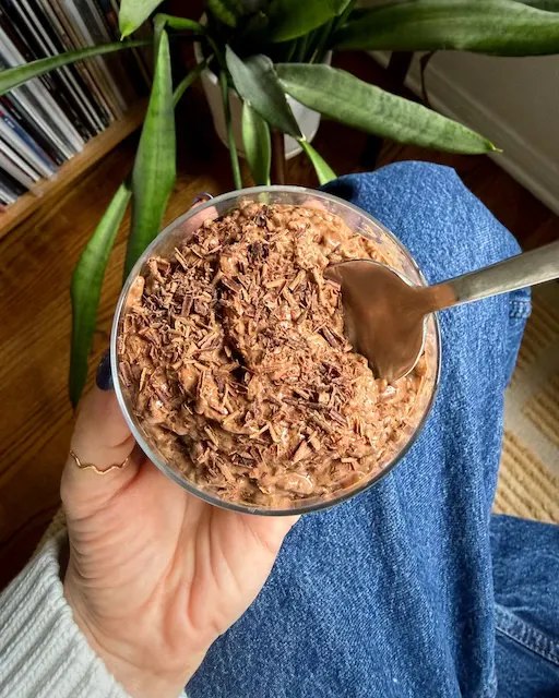 Earl Grey hot chocolate chia pudding in a glass with chocolate shavings