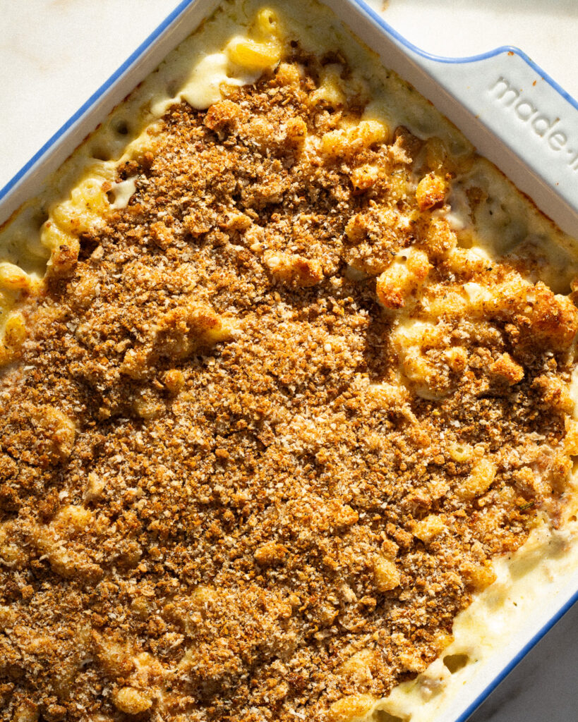 Four cheese mac and cheese with garlic sage breadcrumbs