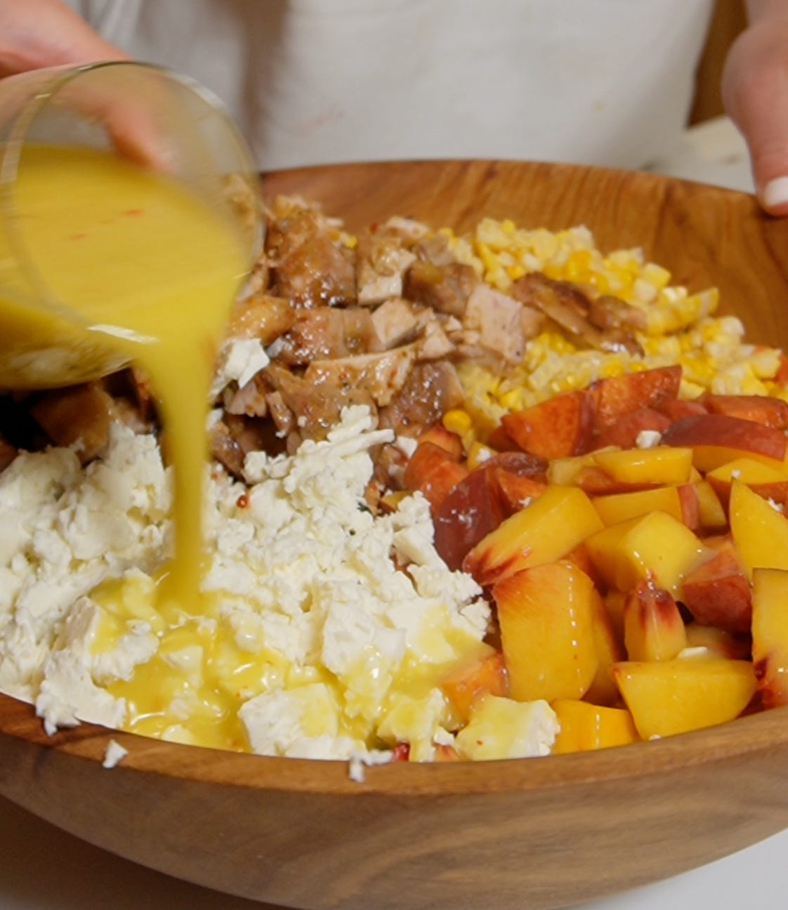 Grilled honey mustard chicken, corn, and peach dense bean salad