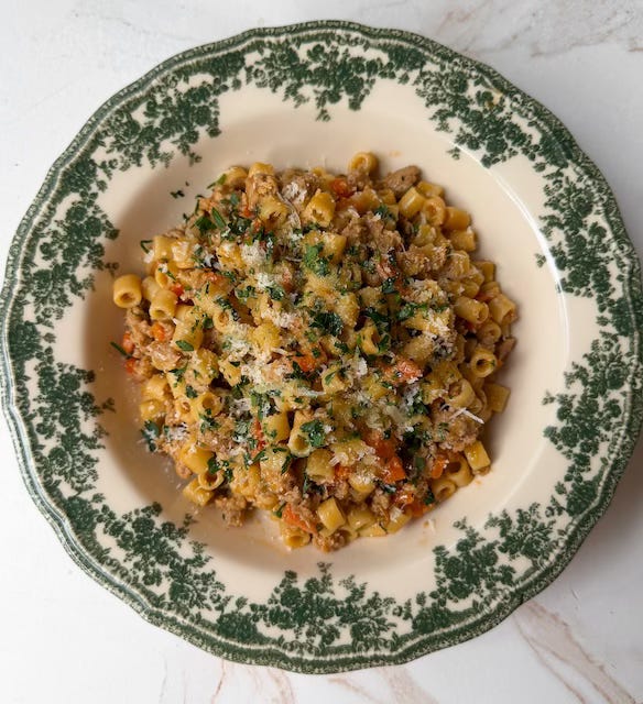 Ground chicken and carrot miso ditalini in a bowl