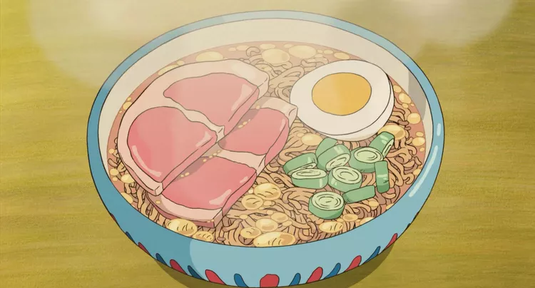Animated bowl of ramen from a cozy Ghibli-style scene