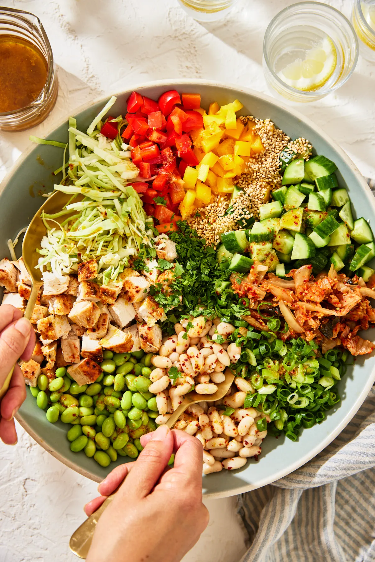 Kimchi gochugaru chicken dense bean salad in a bowl