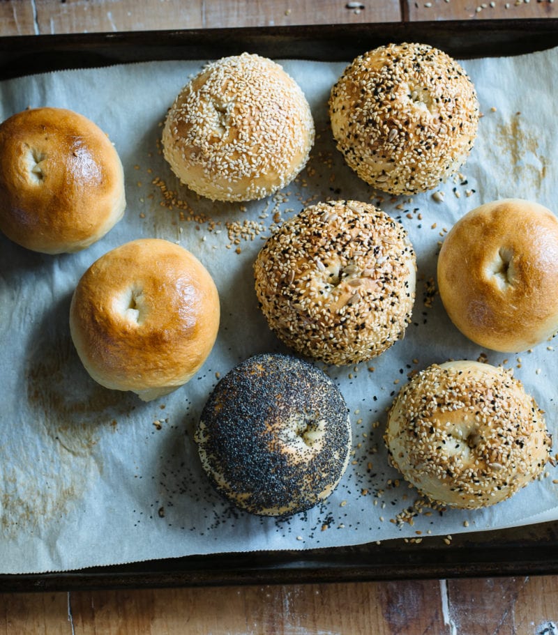 Golden sourdough bagels with seeds