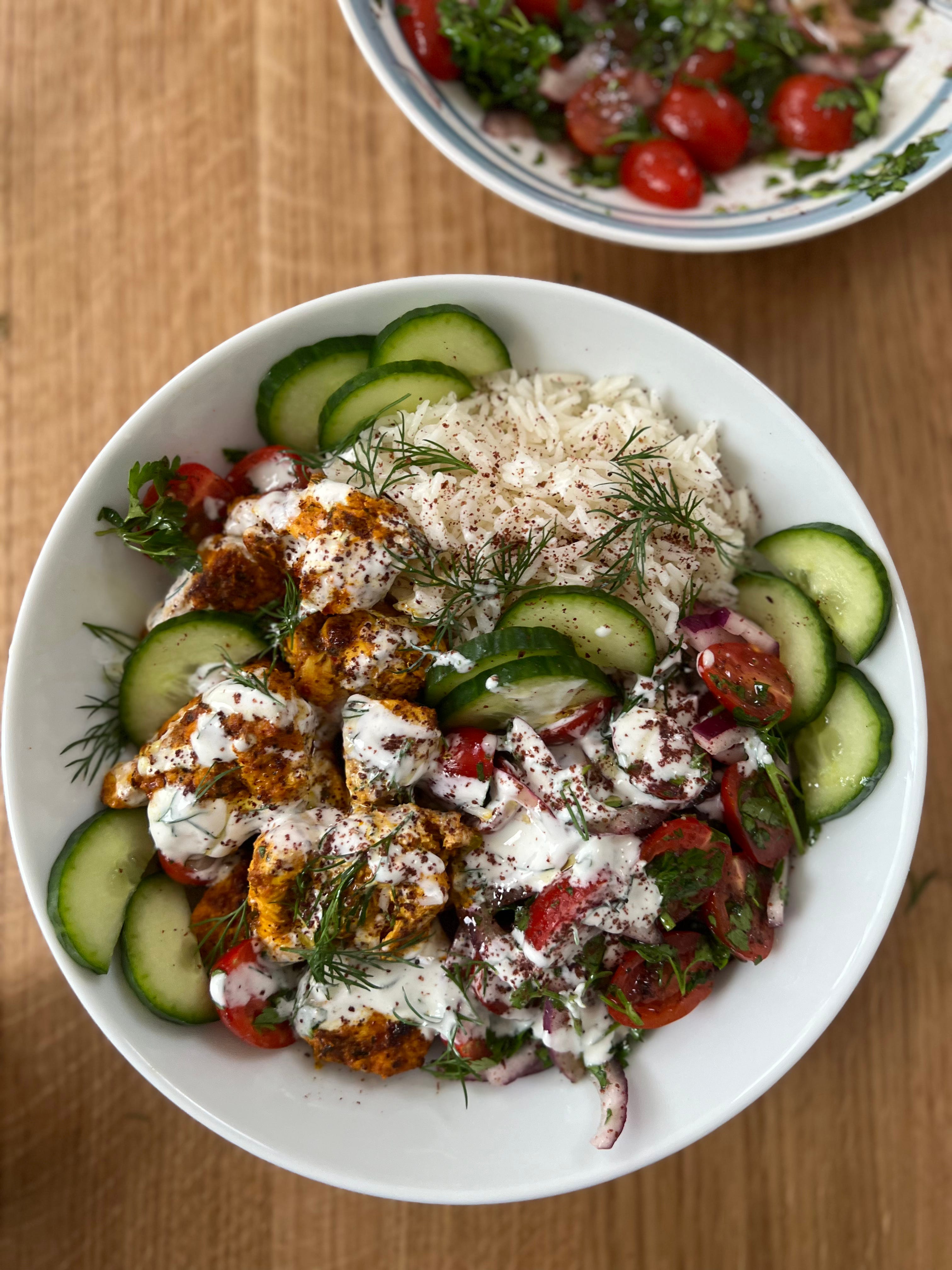 Speedy rice bowl with lightly spiced yoghurt chicken