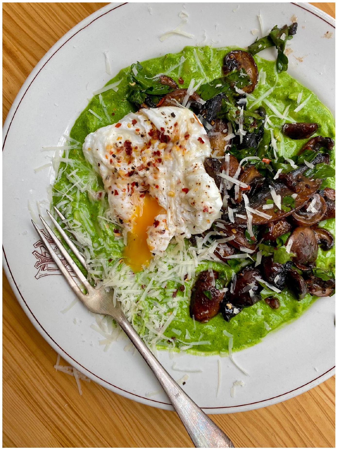 Super green orzo with garlicky mushrooms and a poached egg