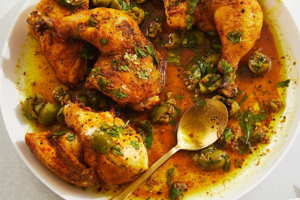 Roasted vinegar chicken with a crushed olive and parsley dressing